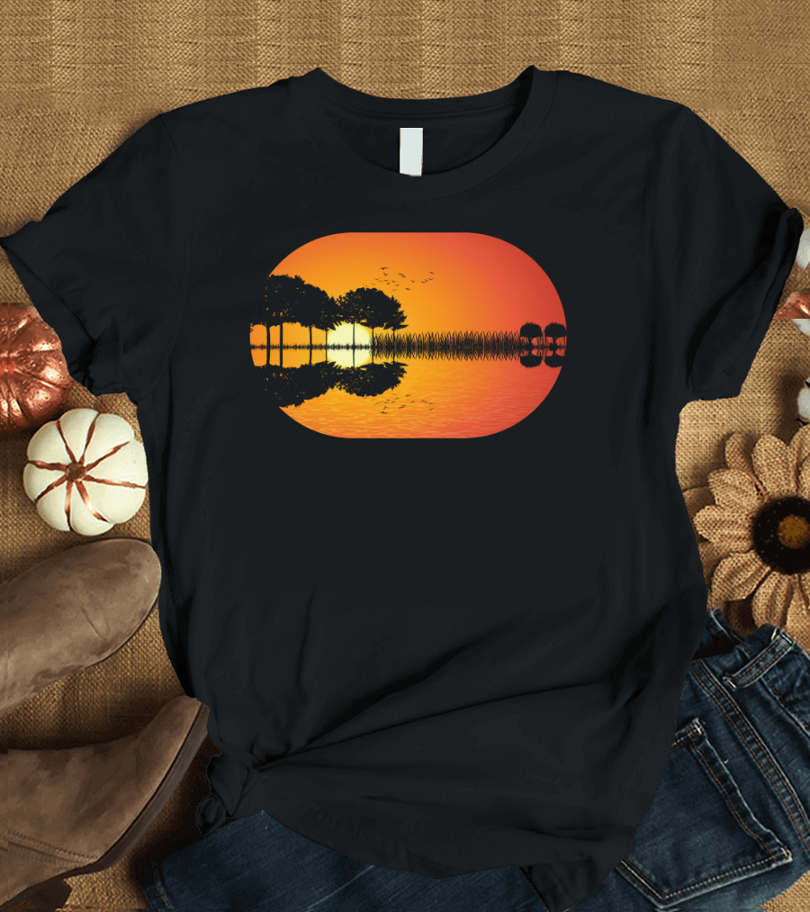 Guitar Island Vibrant Sunset Reflection T-Shirt