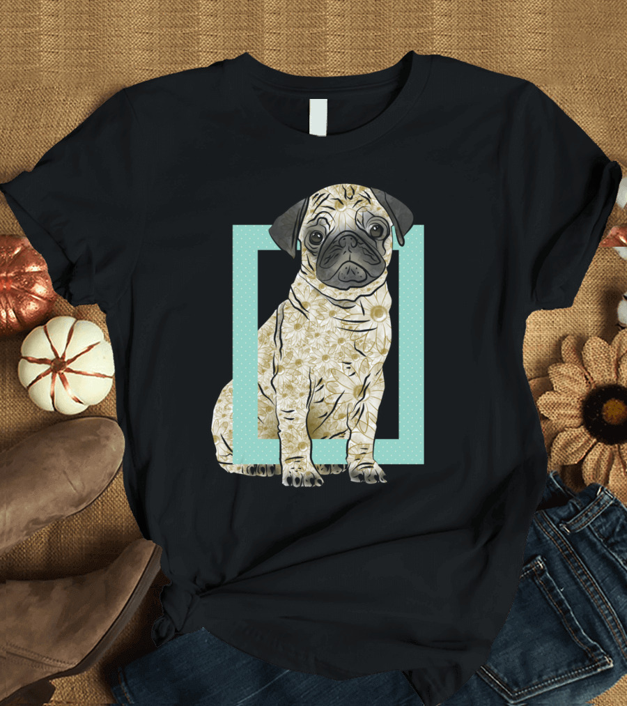 Pug Flower Pattern in Geometric Frame T-Shirt