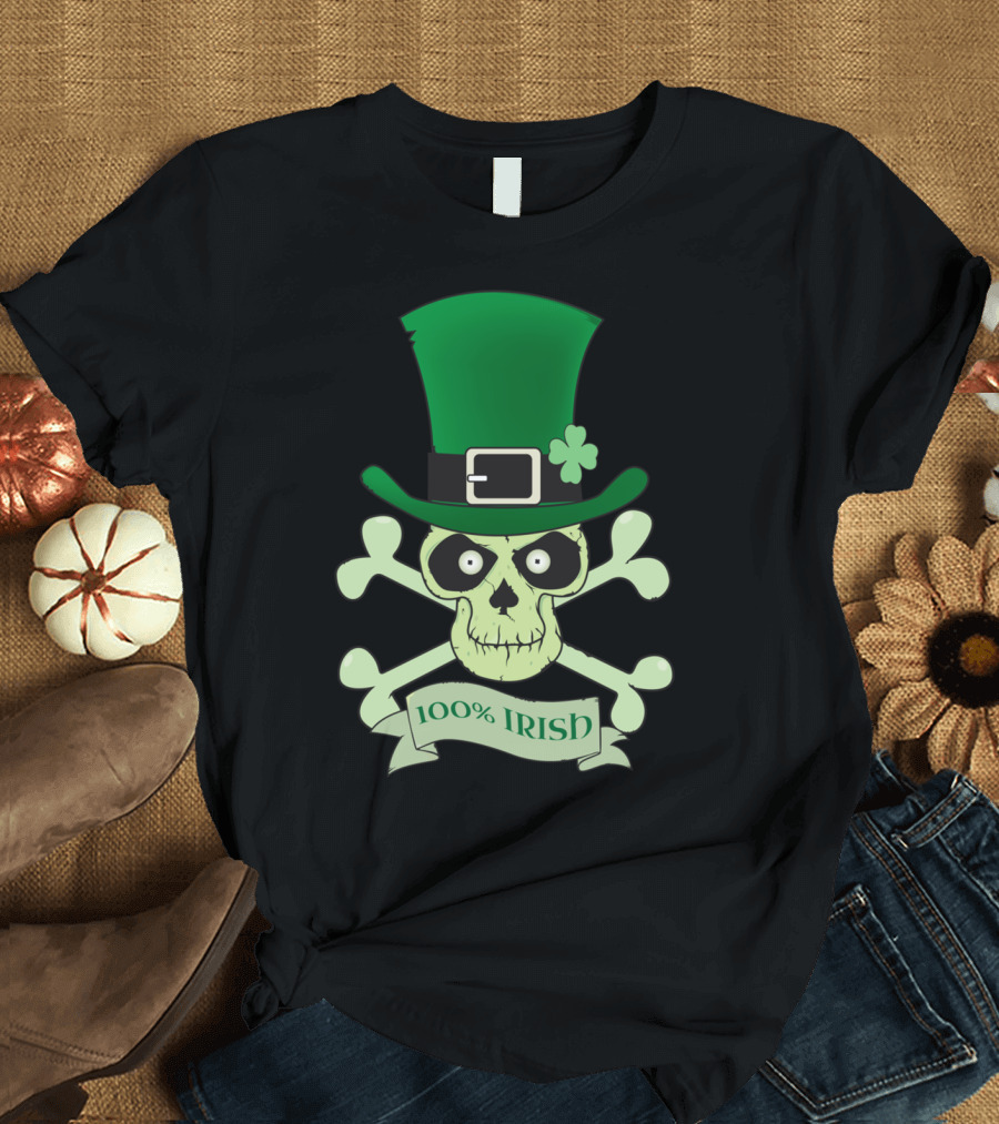 100% Irish Skull with Green Hat and Crossbones T-Shirt
