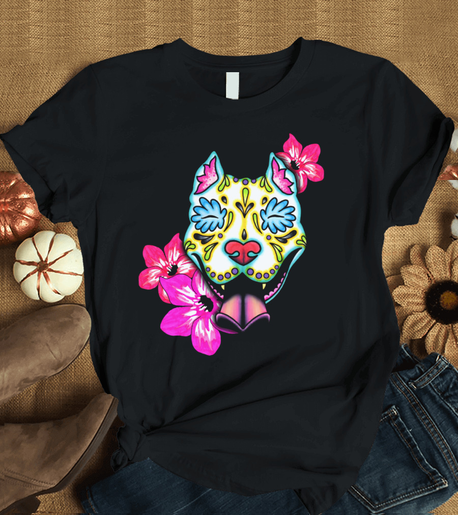 Slobbering Day Of The Dead Pit Bull With Flowers T-Shirt