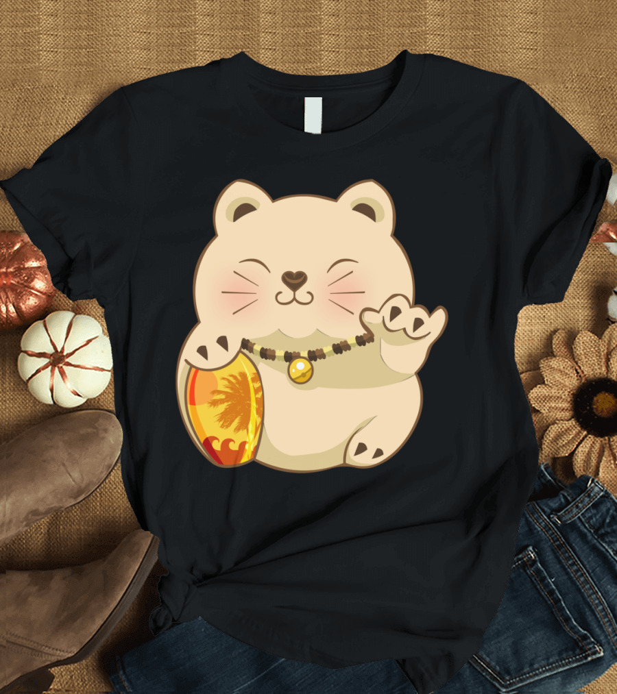LUCKY SHAKA CHILLING CAT WITH SURFBOARD AND BEADED NECKLACE T-Shirt