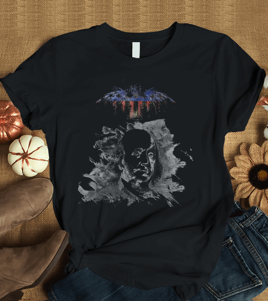 Benjamin Franklin Patriotic Icon with American Flag Eagle Motif T-Shirt