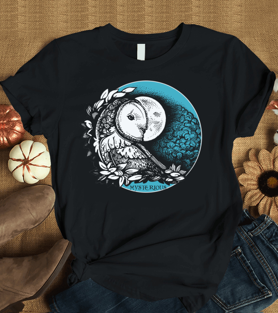 Mysterious Owl with Moon and Floral Accents T-Shirt