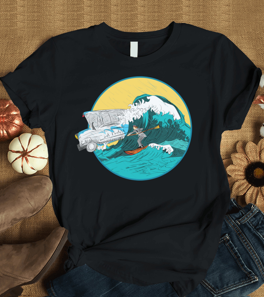 Pedestrian Surfer Navigating Waves with Station Wagon Surfboard Adventure T-Shirt