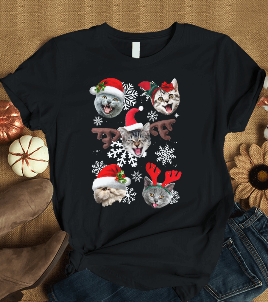 Catflakes Snowflakes Christmas Cats Santa Hats Antlers T-Shirt