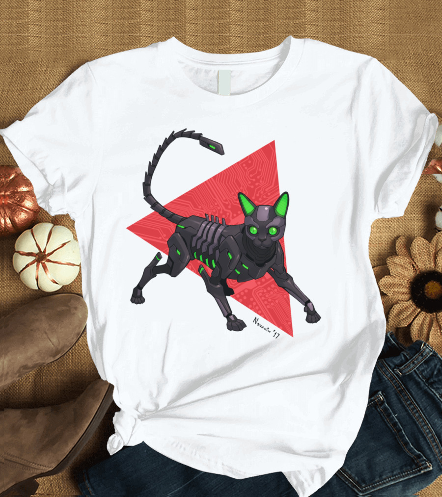 Robo Cat Devon Rex Cybernetic Feline with Circuit Background T-Shirt