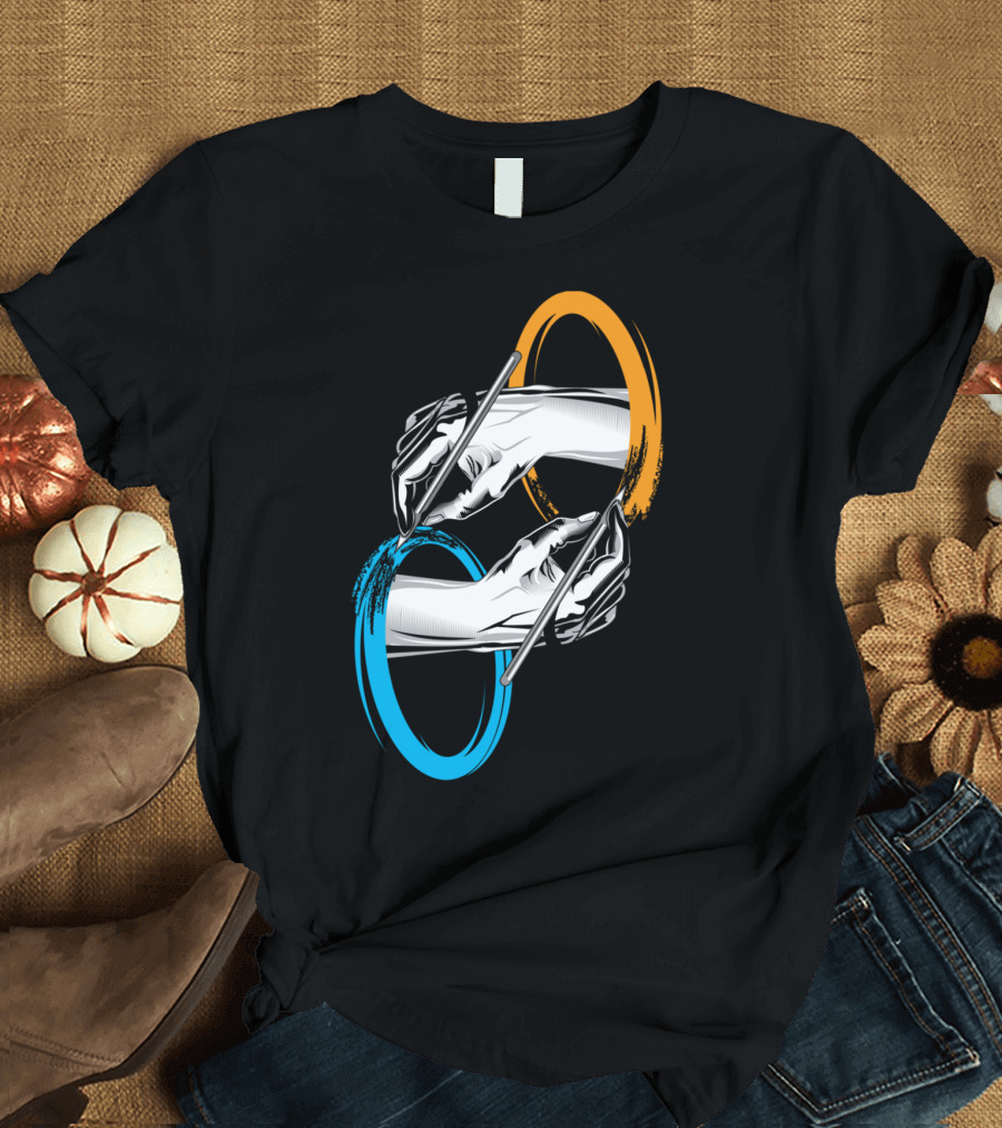 Drawing Hands Through Blue and Orange Portals T-Shirt