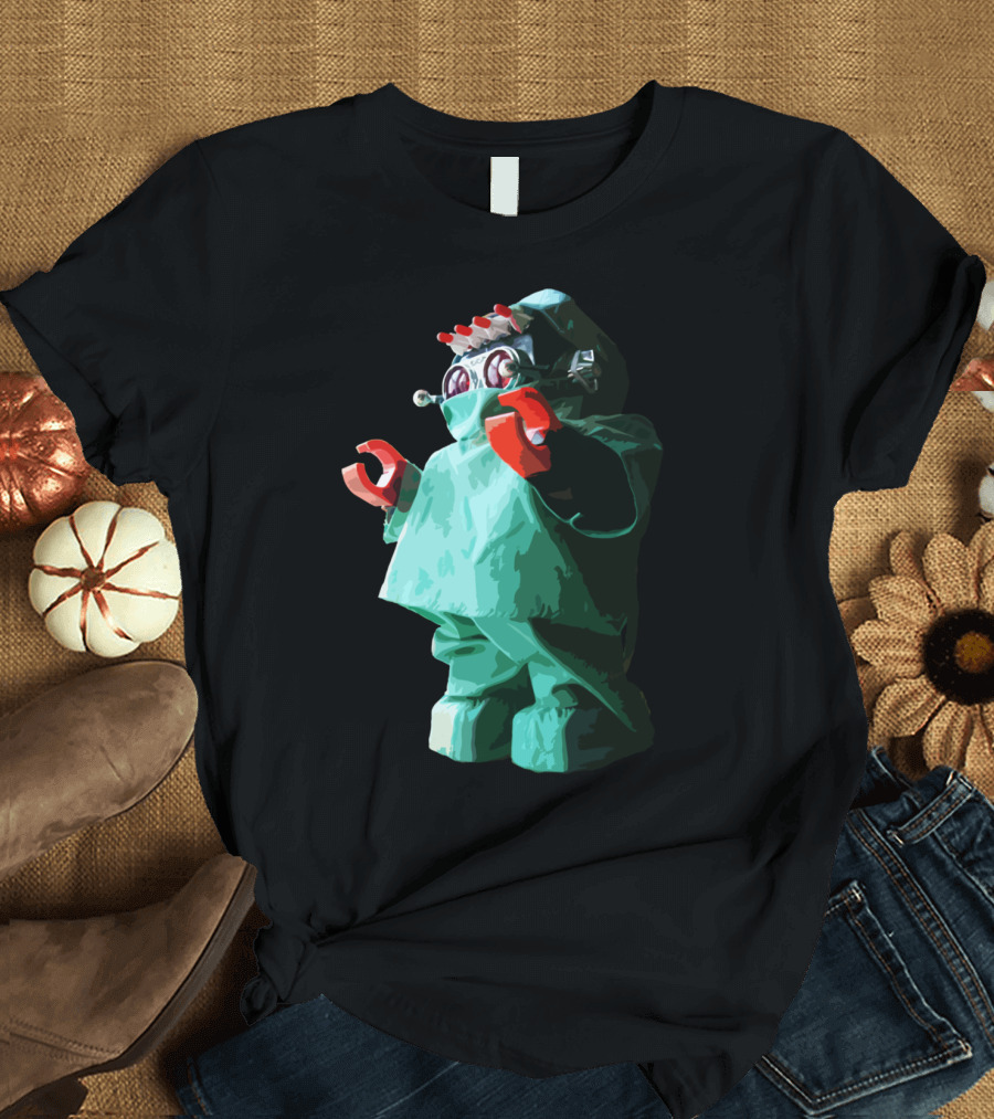 Doctorbot Surgeon Figure with Red Robotic Details in Green Scrubs T-Shirt