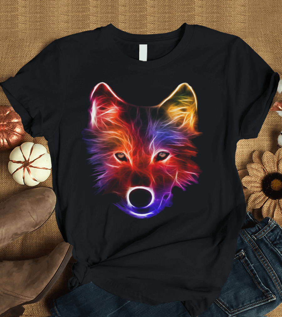 Mystical Pup Rainbow Neon Wolf Face T-Shirt