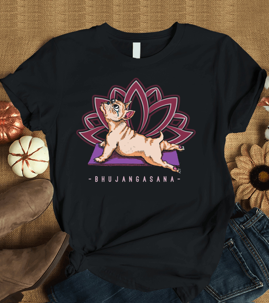 Pug Yoga Bhujangasana Funny Dog Pose with Lotus Background T-Shirt