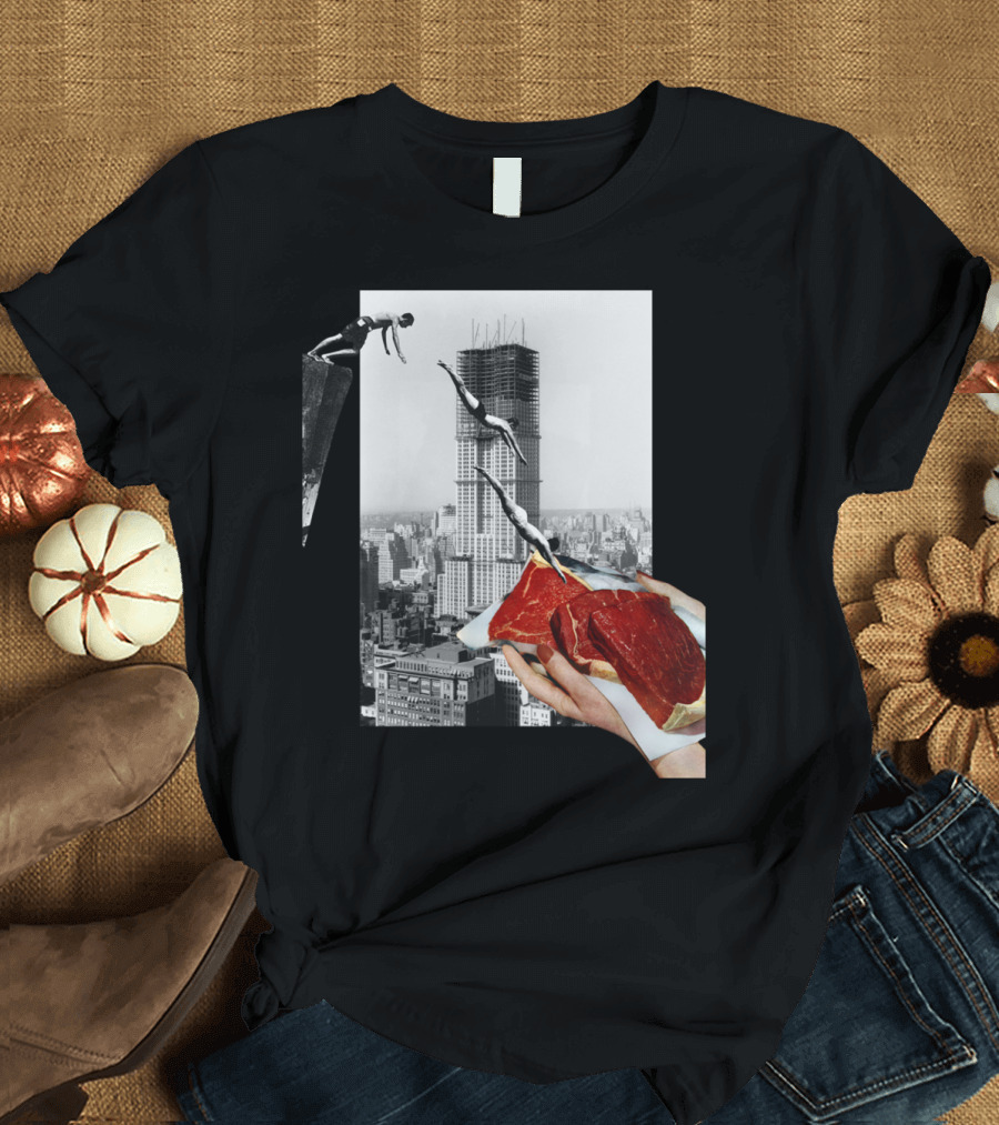 Metropolis Diving Over Cityscape with Meat Collage T-Shirt