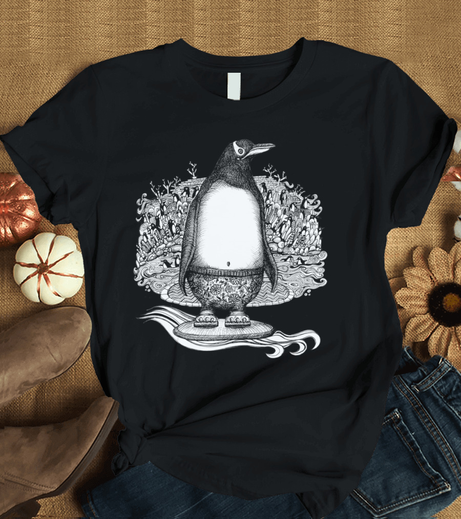 Penguin Dude In His Jammies Catching Waves with Elaborate Background T-Shirt