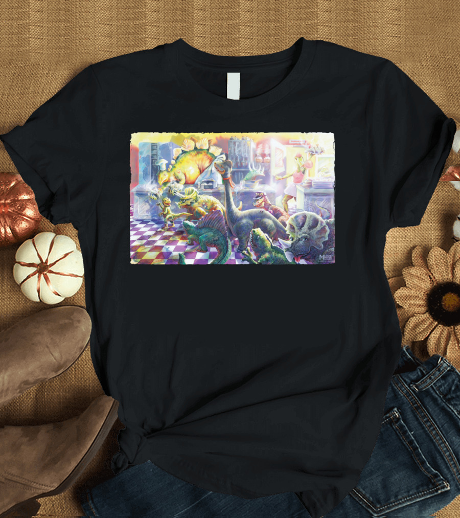 Lunch Bell Dinosaur Cafe Colorful Dinosaur Kitchen Scene by Maxx Channel T-Shirt