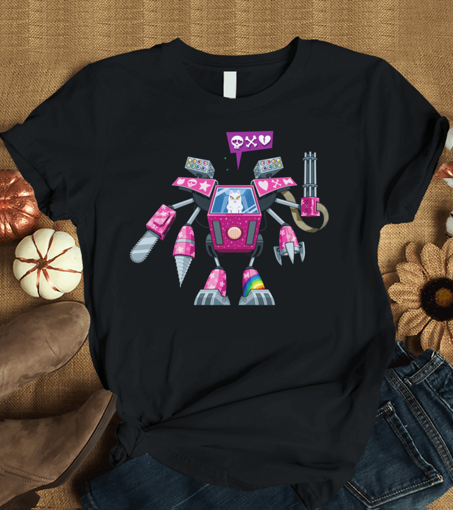 Robo Pussycat Mecha with Chainsaw Drill and Gatling Gun T-Shirt