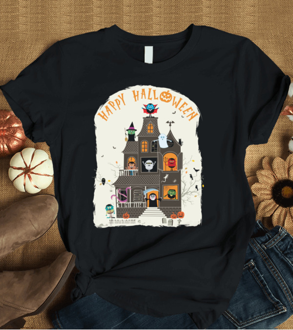 T-Shirt: Happy Halloween Haunted House with Monsters and Ghosts T-Shirt Happy Halloween Haunted House with Monsters and Ghosts T-Shirt