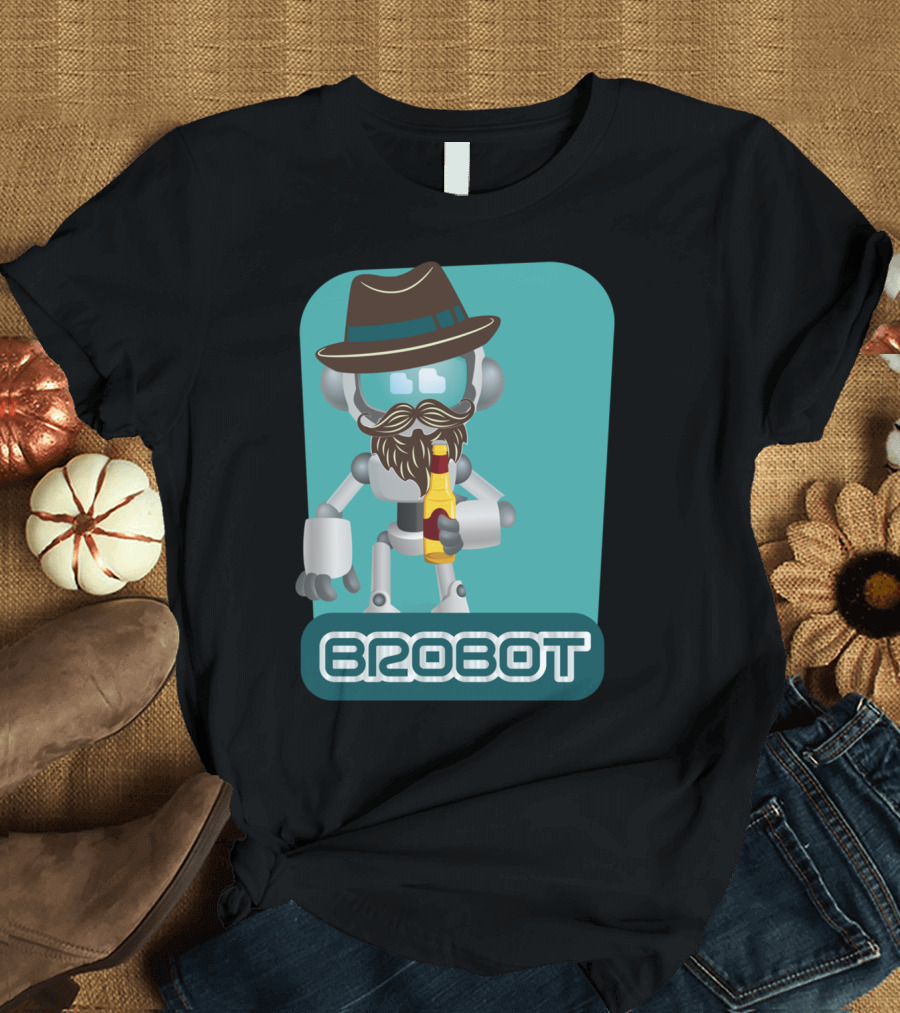 BROBOT Robot with Hat and Beard Holding Bottle T-Shirt