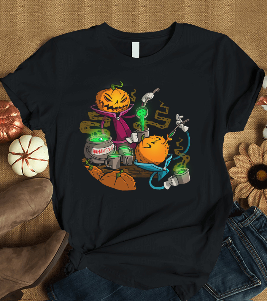 Halloween Human Soup Pumpkin Characters Drinking Green Potion T-Shirt