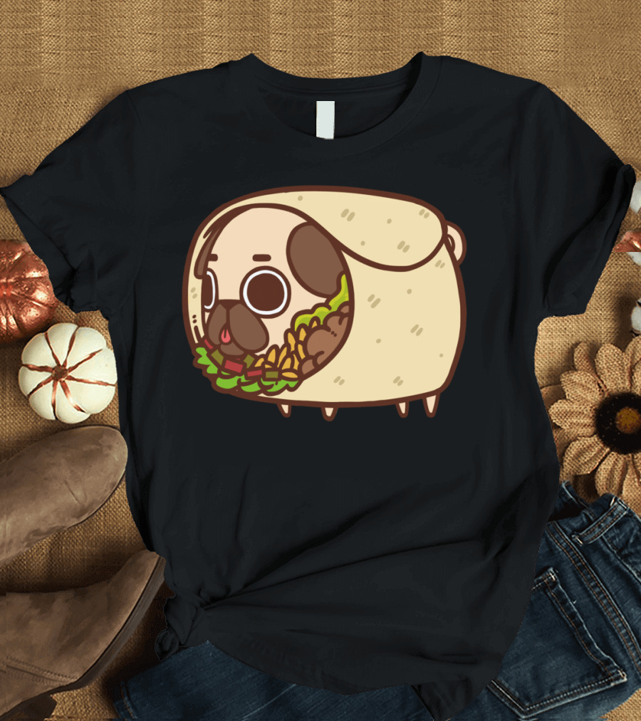 Puglie Burrito Pug Wrapped in Adorable Roll with Lettuce and Vegetables T-Shirt