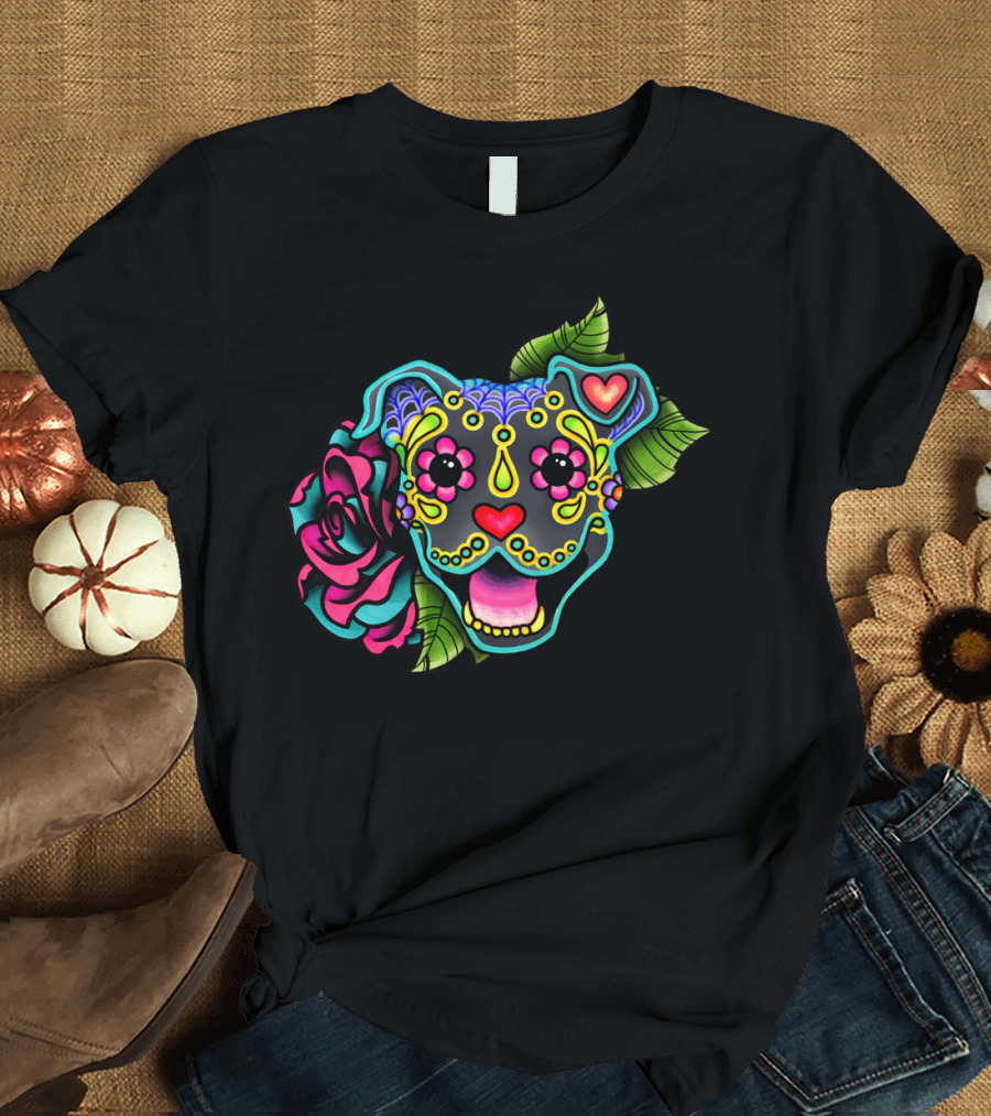 Smiling Pit Bull Day of the Dead Sugar Skull with Rose T-Shirt