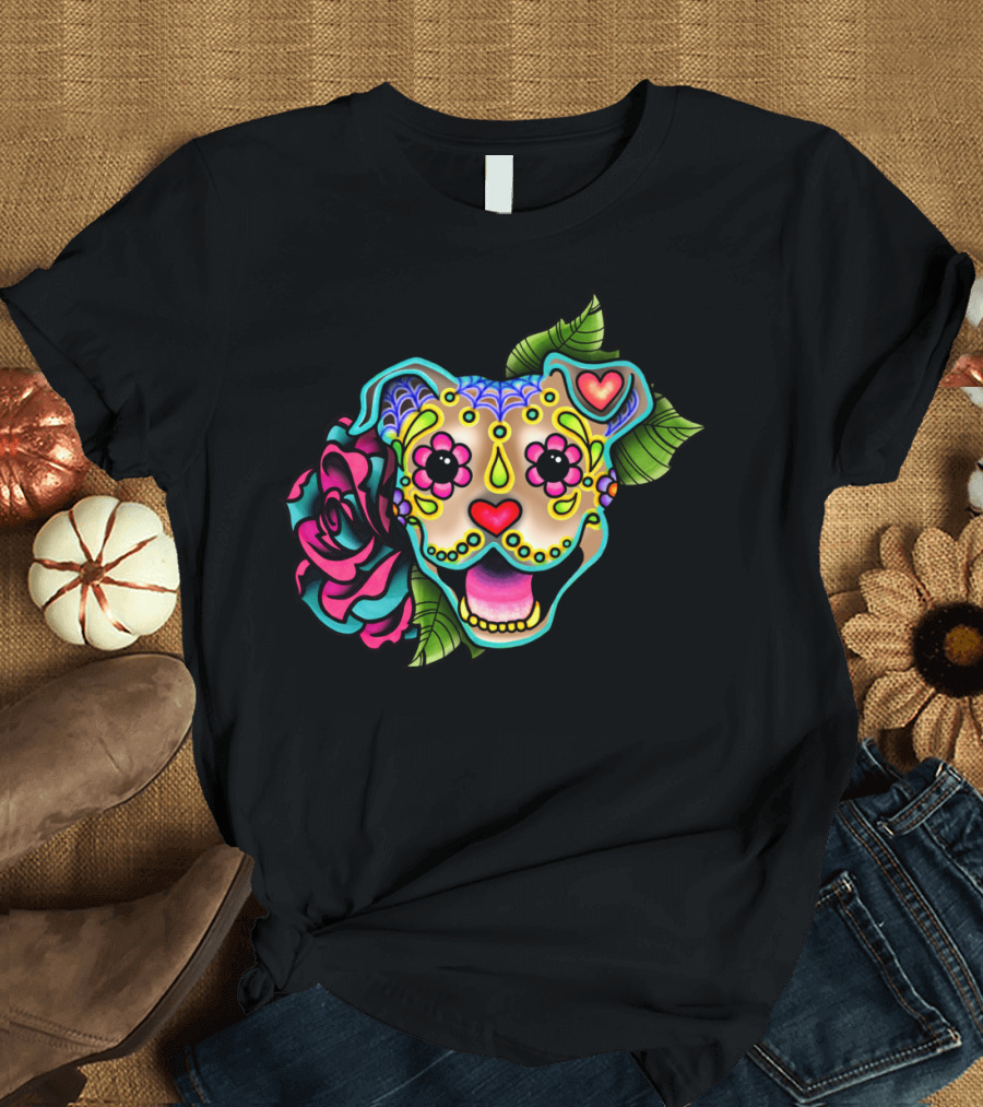 Smiling Pit Bull Fawn Day of the Dead Rose T-Shirt
