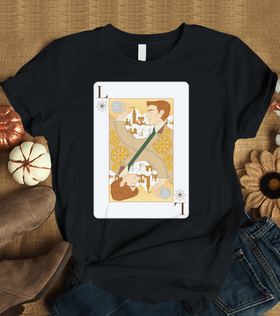 Lutece Twins Playing Card Steampunk Gears and Cityscape T-Shirt