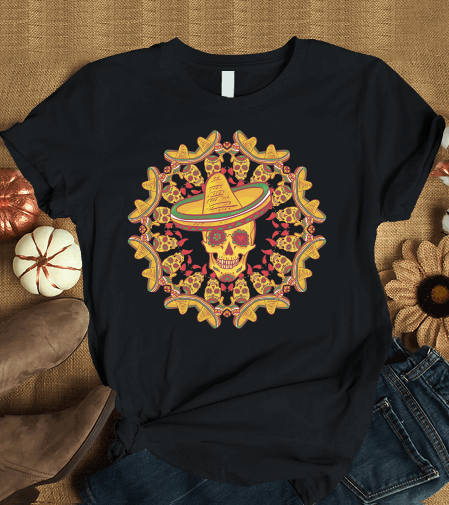 Mexico Skull Sombrero Fiesta Mandala T-Shirt