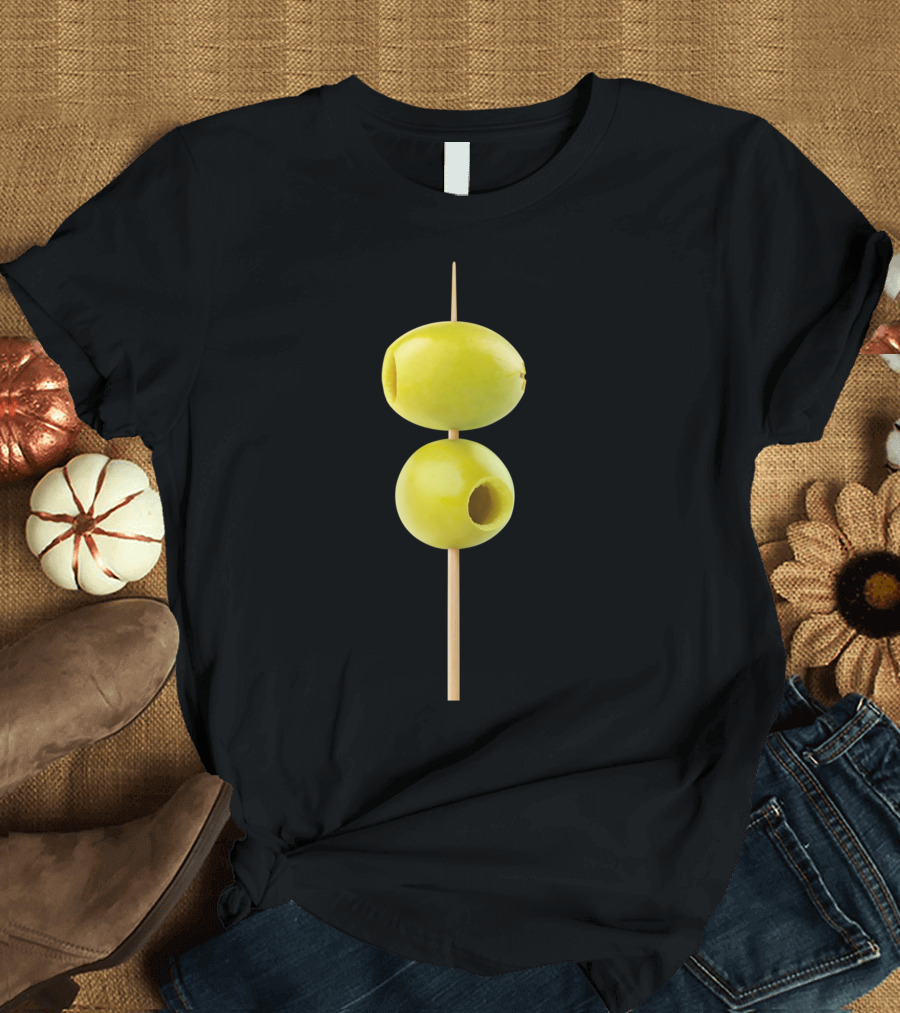 Two Green Pitted Olives on a Skewer Minimalist Food T-Shirt