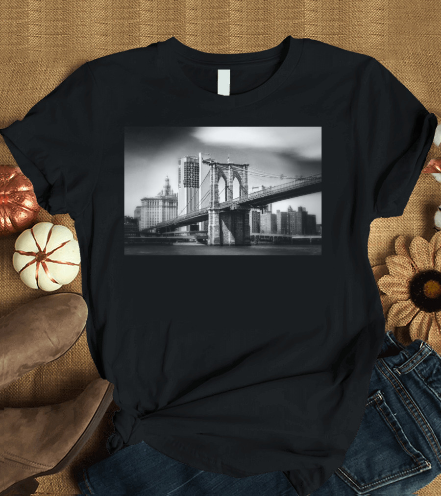 Brooklyn Bridge Black and White Photography Urban Skyline Classic Cityscape T-Shirt