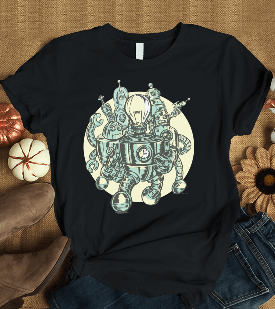 Robots On The Move Vintage Lightbulb Clockwork Ensemble T-Shirt