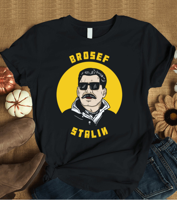 T-Shirt: Brosef Stalin Cool Iconic Look in Black Sunglasses with Yellow Circle Background T-Shirt Brosef Stalin Cool Iconic Look in Black Sunglasses with Yellow Circle Background T-Shirt