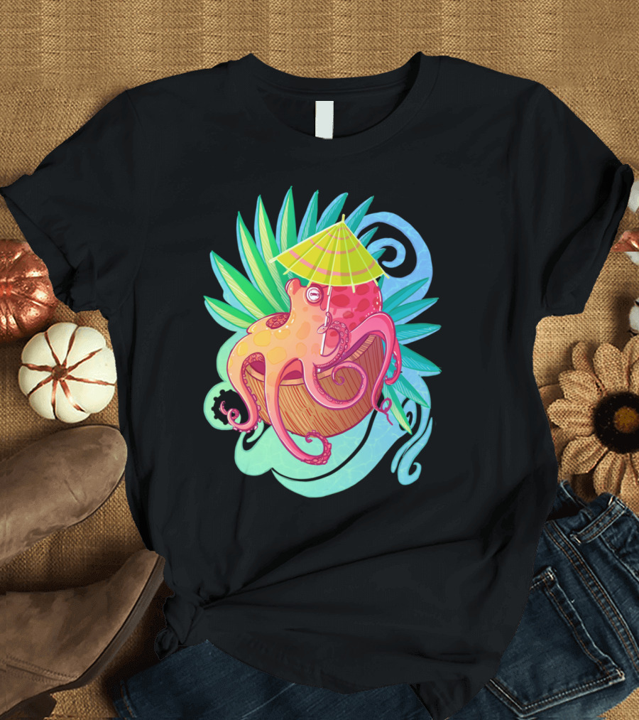 Octopus Relaxing Under Umbrella with Tropical Leaves T-Shirt