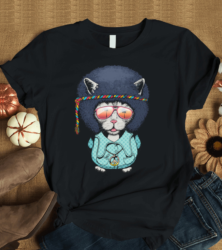 Rock And Roll Cat With Peace Sign Afro and Summer Shades T-Shirt