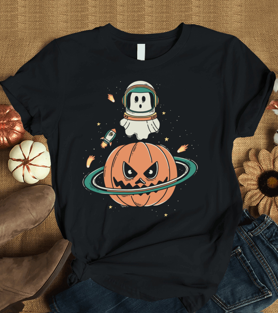 Ghost Astronaut Over Halloween Pumpkin Planet in Space T-Shirt