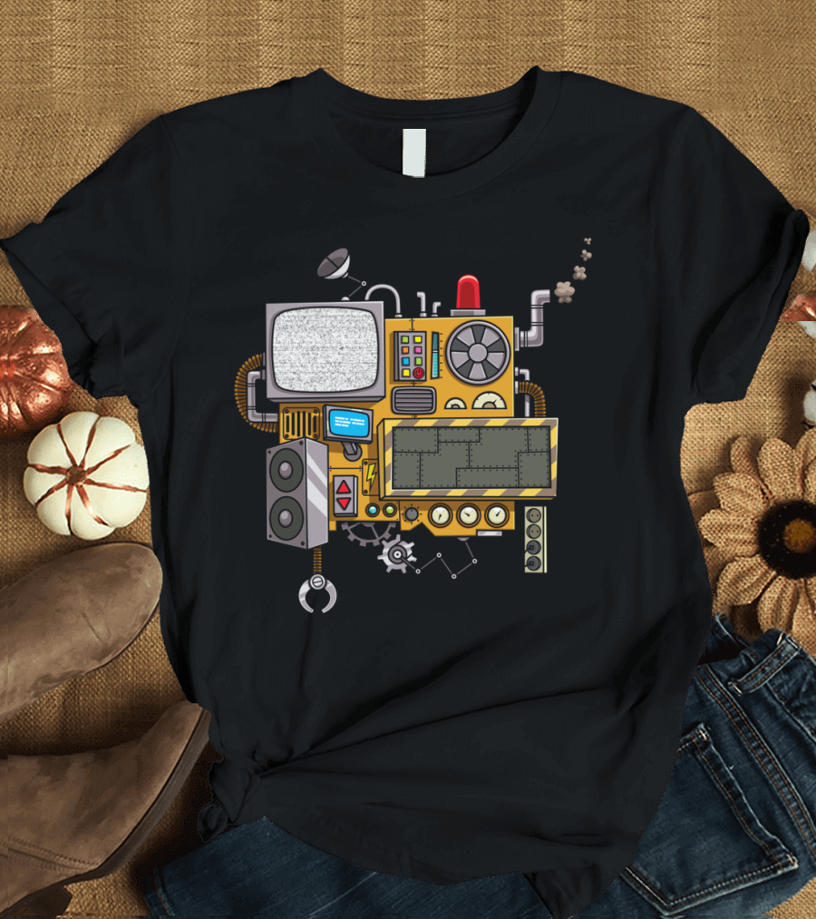 Retro Futuristic Machine with Television Screen and Gears T-Shirt
