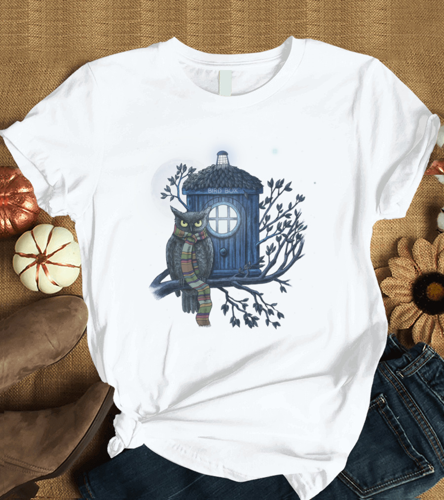 Dr. Hoot Bird Box With Owl Tardis Moonlit Tree Scene T-Shirt
