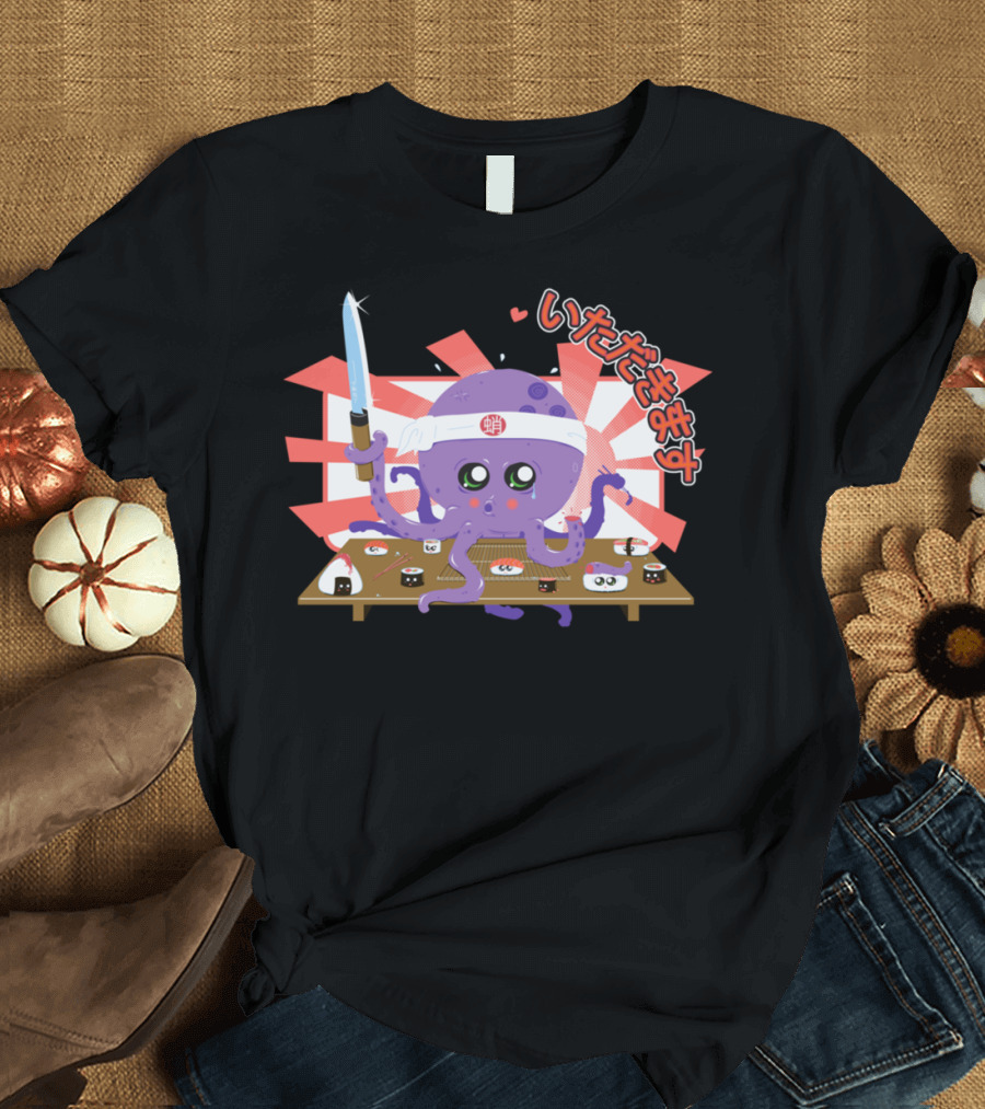 Octosushi いただきます キャラクター 寿司 タコ 刀 T-Shirt