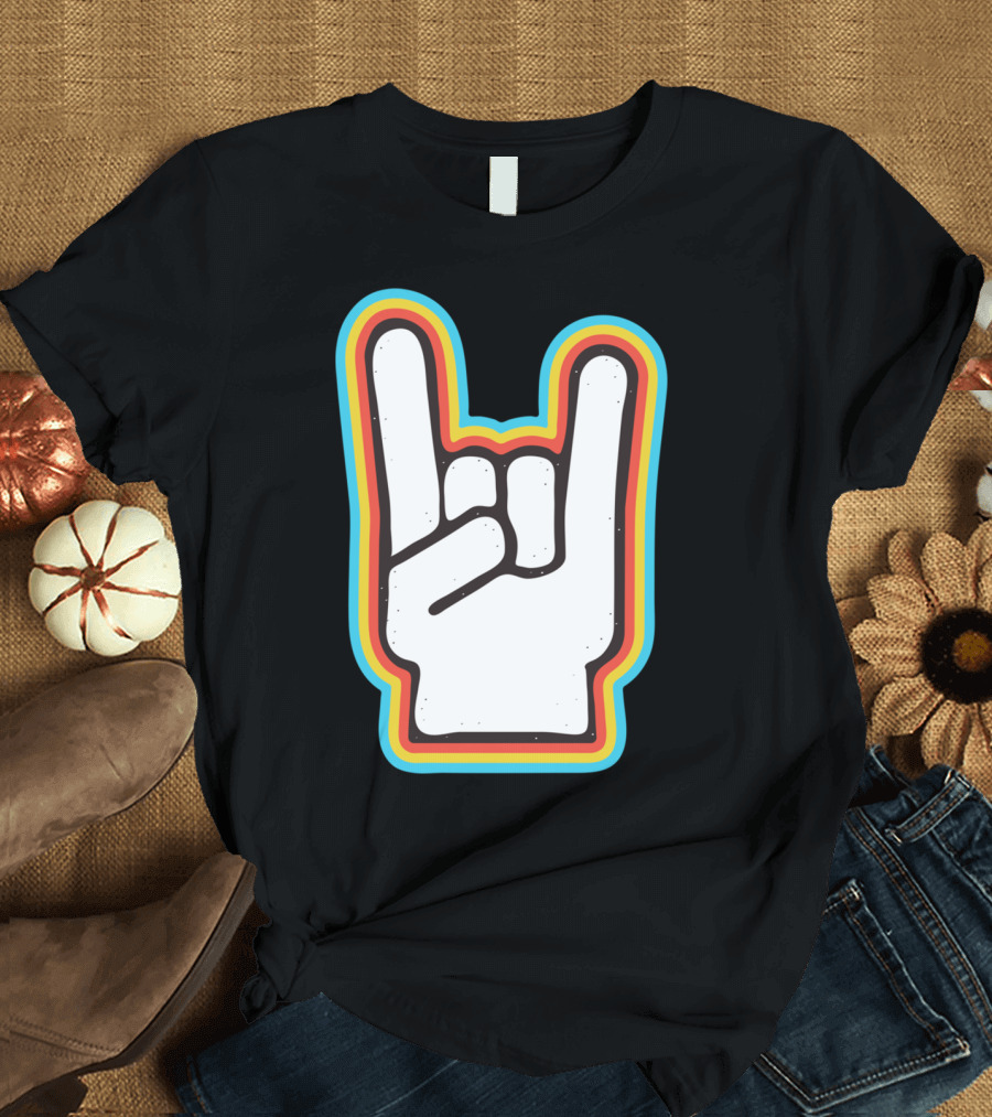 Rock Hand Salute Retro Color Outline Neon Gesture T-Shirt