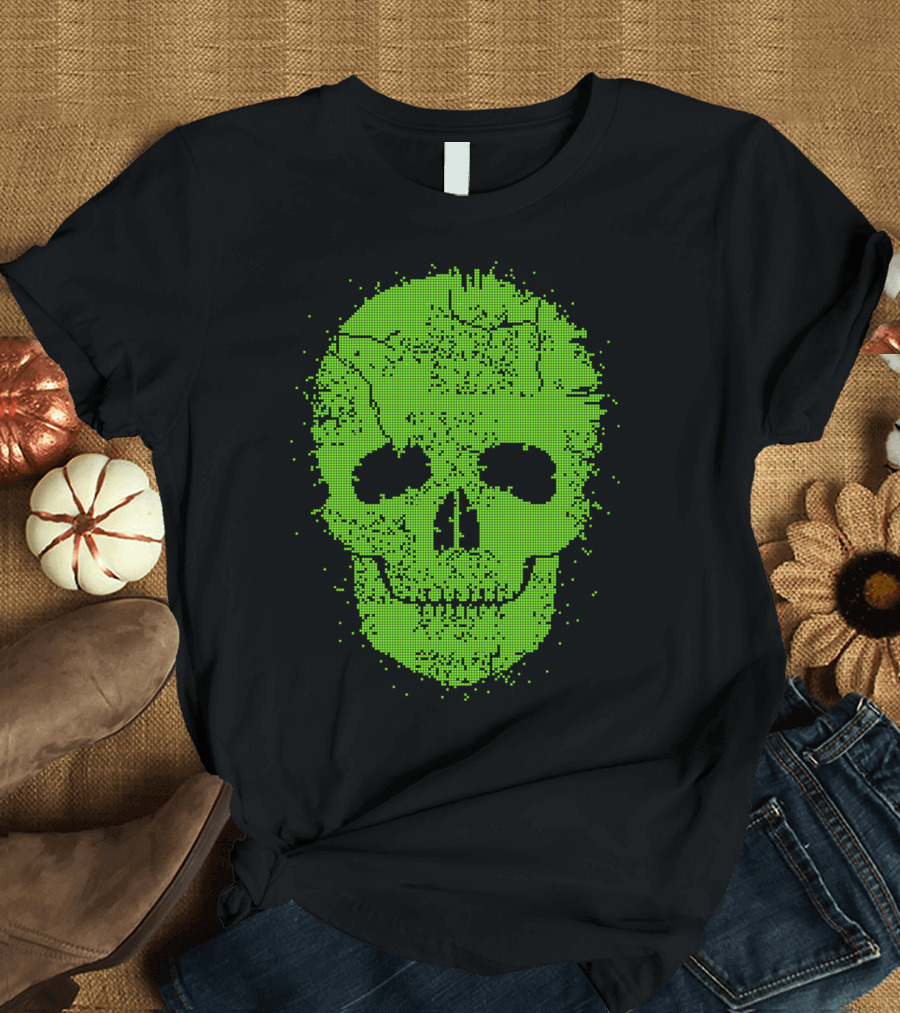 Acid Skull Toxic Green Pixelated Skull T-Shirt