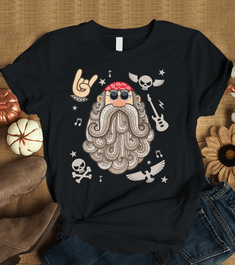 Rocker Skull Bandana Beard Guitar Music Symbols T-Shirt