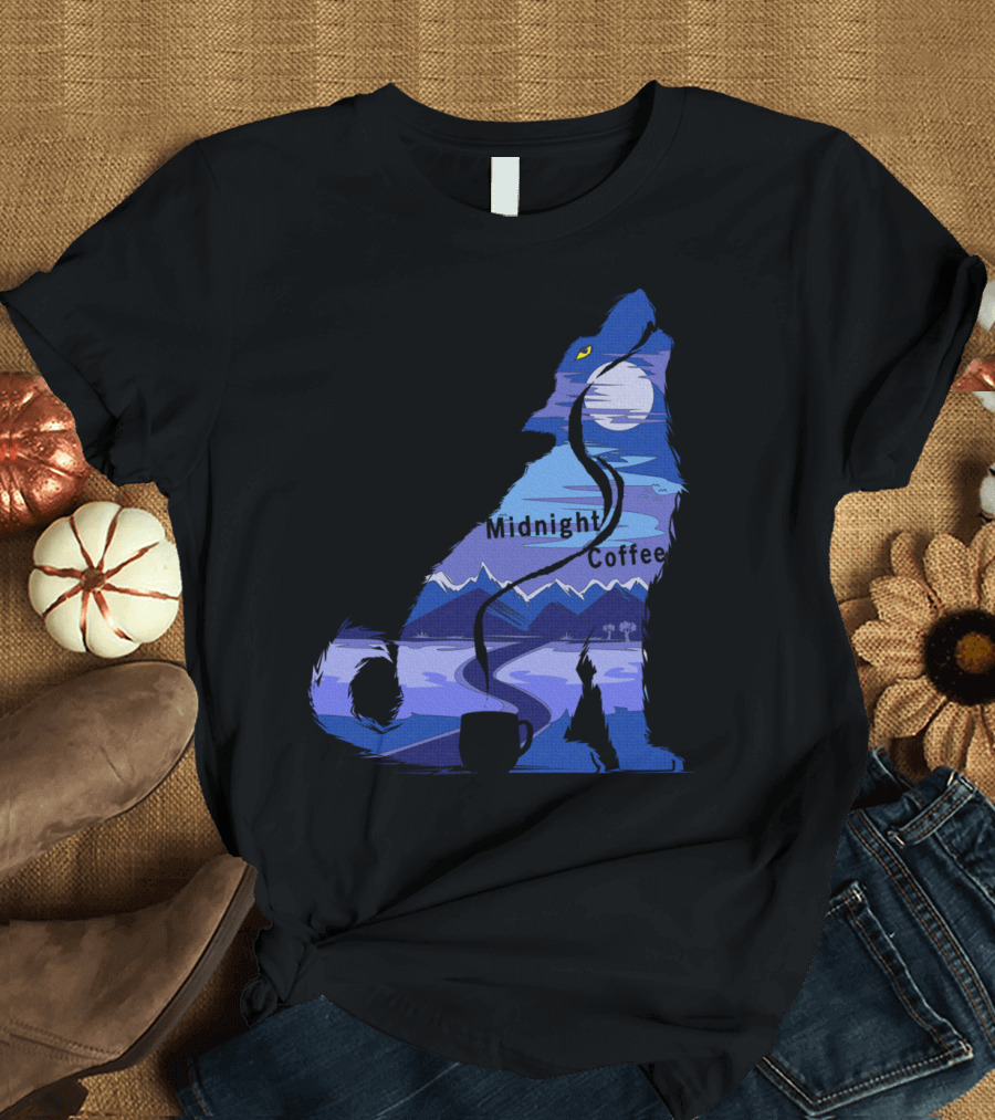 Midnight Coffee Howling Wolf Moonlit Mountain Scene T-Shirt