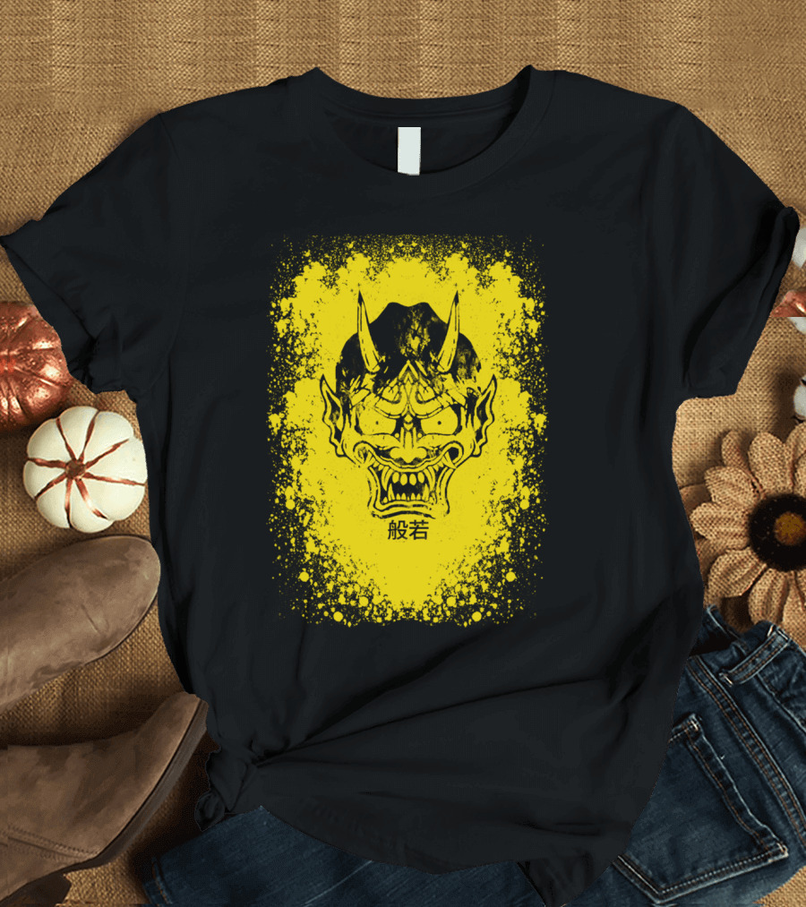 Hannya Mask Yellow Background Kanji T-Shirt