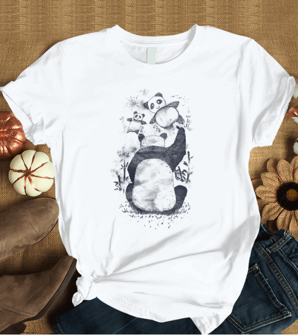 T-Shirt: Panda Family At The Zoo with Cute Playful Cubs and Bamboo T-Shirt Panda Family At The Zoo with Cute Playful Cubs and Bamboo T-Shirt