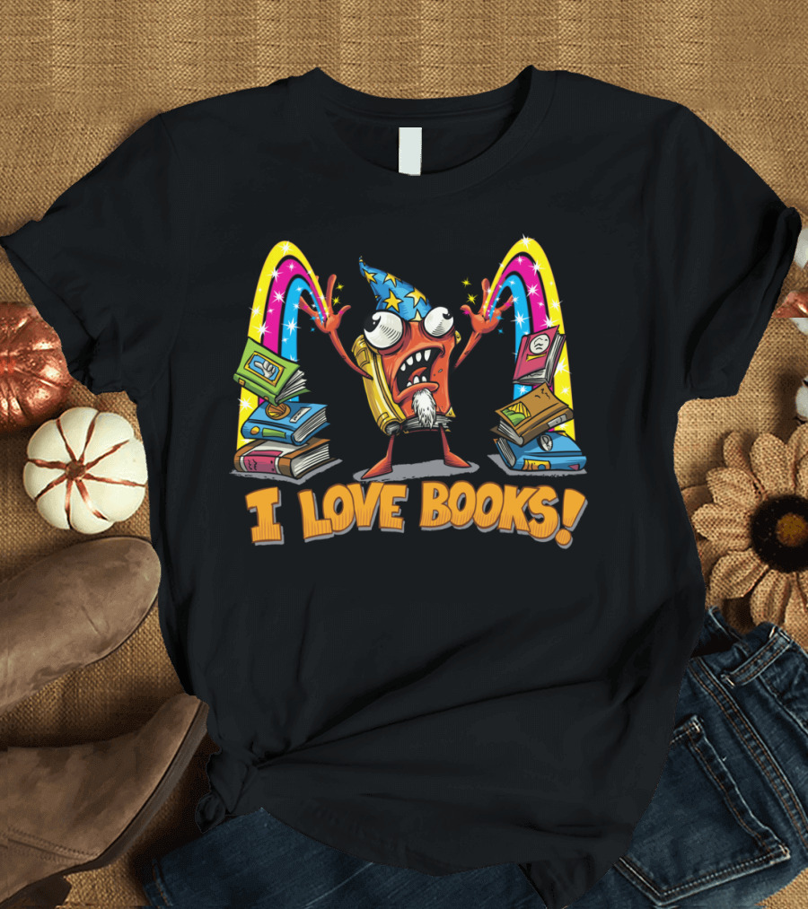 I Love Books Mighty Book Wizard Comic Style Fantasy Fun T-Shirt