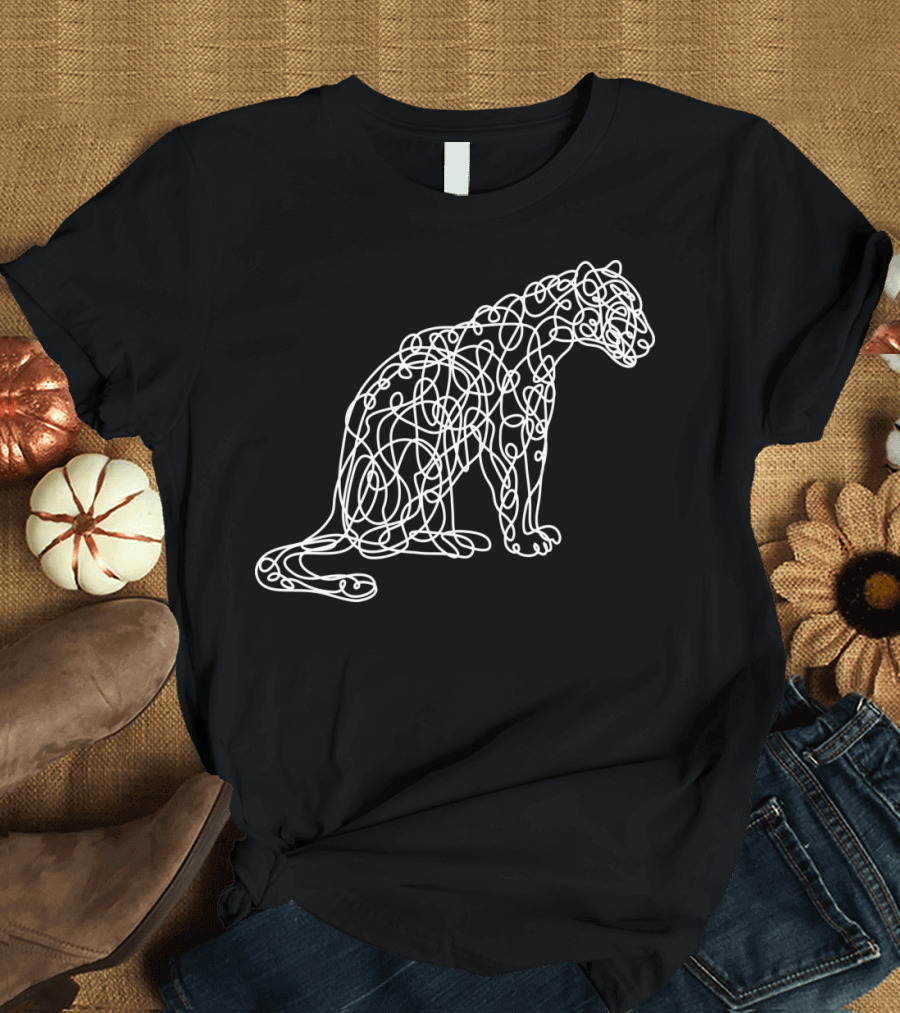 Leopard Artistic Line Style White Abstract Cat Outline T-Shirt