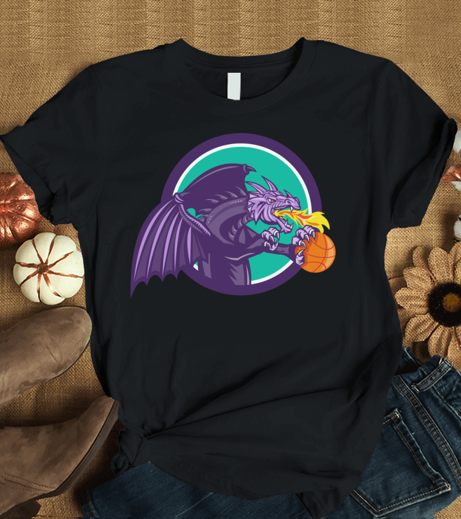 Dragon Breathing Fire Holding Basketball Circle Emblem T-Shirt