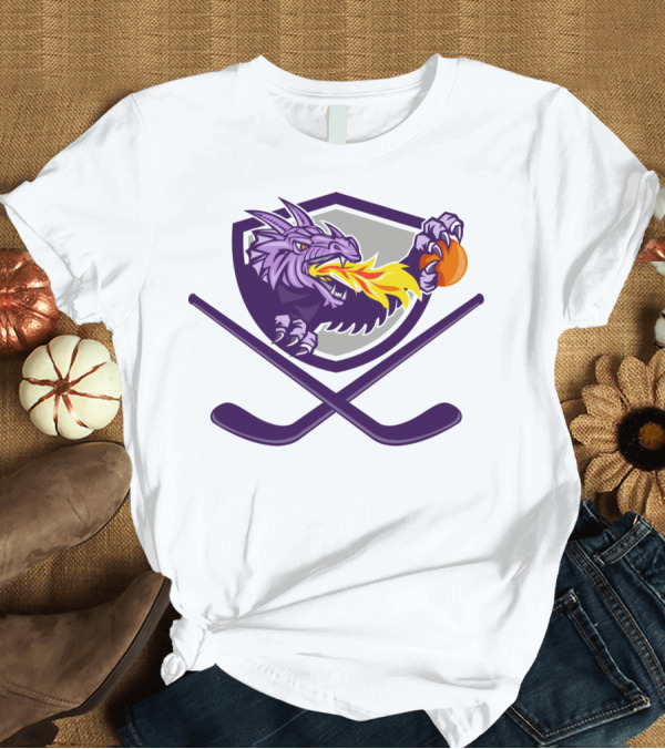 T-Shirt: Dragon Fire Breathing Shield with Hockey Sticks and Basketball T-Shirt Dragon Fire Breathing Shield with Hockey Sticks and Basketball T-Shirt