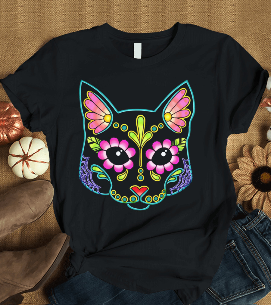 Cat In Black Day Of The Dead Sugar Skull T-Shirt