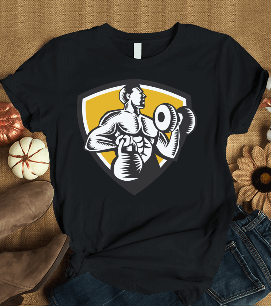 Athlete Lifting Kettlebell Dumbbell Shield Crest Fitness Woo T-Shirt