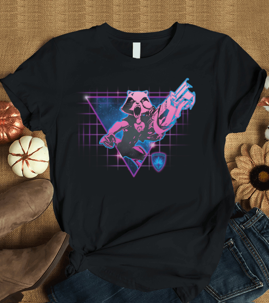 Rocket Raccoon Neon Space Grid Guardians Crest T-Shirt