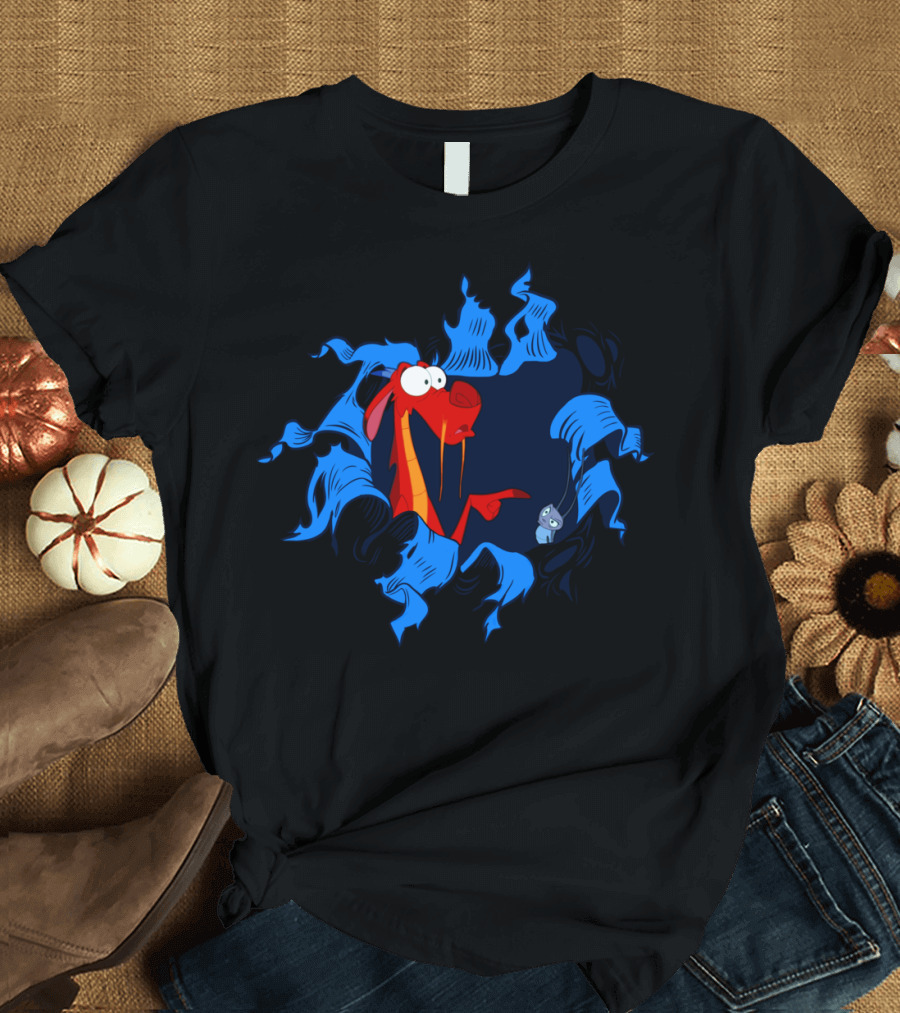 Uh Oh Mushu Surprise Encounter with Blue Torn Paper Background T-Shirt